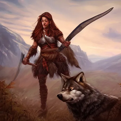 Image similar to a warrior woman in rests an axe on her shoulder, she is grabbing a nearby tree, looking onto the horizon, next to her is a wolf companion, fall, mountain landscape, portrait by magali villeneuve, 4 k, artstation, realistic, magic the gathering