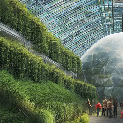 Image similar to vertical farms and white sci - fi dome in a steep sided valley with trees, a sense of hope and optimism, busy workers, hyper realistic, high res, 4 k, warm light, edouard groult, bynde, kirill leonov