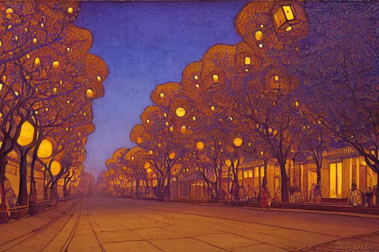 Prompt: tree-lined street at twilight in a very old very beautiful city by Thomas Seddon and Nicholas Roerich, glowing paper lanterns, strong dramatic cinematic lighting , ornate tiled architecture, lost civilizations, smooth, sharp focus, extremely detailed