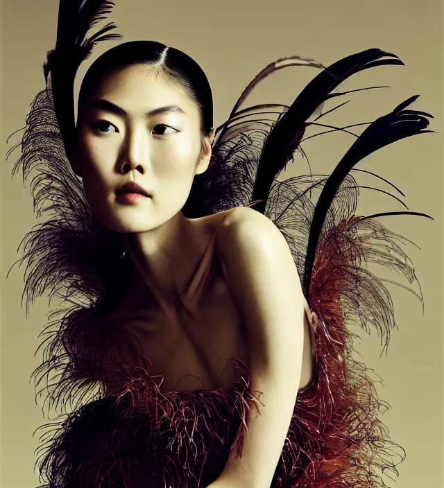 Image similar to photography american portrait of liu wen, natural background, sensual lighting, natural fragile pose, great _ hairstyle, wearing stunning dress with feathers by iris van herpen, with a colorfull makeup. highly detailed, skin grain detail, photography by paolo roversi, amano, nick knight, helmut newton, avedon, araki