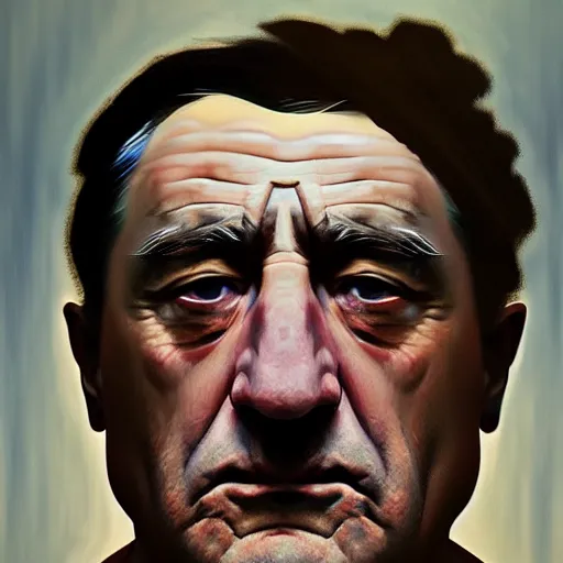 Image similar to realistic portrait of young robert de niro, trending on artstation, low angle oil painting and composition laws, cinematic lighting, hyperdetailed, cgsociety, 8 k