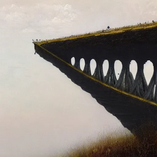 Image similar to A beautiful painting of A bridge over a plain by Zdzisław Beksiński and Ilya Repin,In style of Post-Apocalyptic.digital art, illustration,hyper detailed,smooth, sharp focus,trending on artstation,oil on the canvas,4k