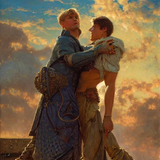 Image similar to attractive male arthur pendragon confesses his love to attractive male merlin. highly detailed painting by gaston bussiere, craig mullins, j. c. leyendecker 8 k