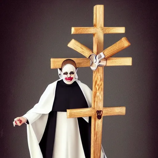 Prompt: Evil nun of satan brandishing multiple crucifixes like nun-chucks, hyper realistic, religious warfare