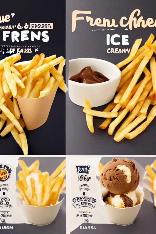 Prompt: french fries flavoured ben and jerry's ice cream, ice cream with pieces of french fries