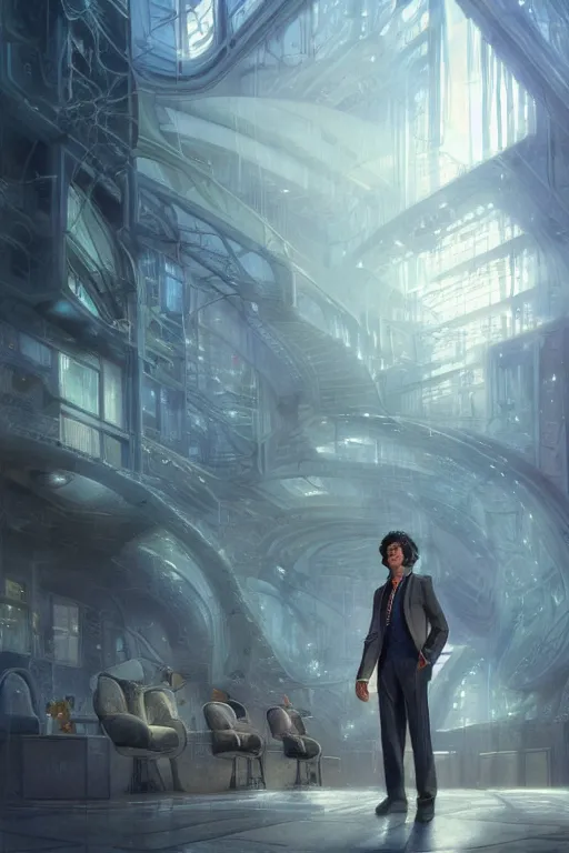 Image similar to a curly - haired persian guy begging to get into a futuristic building by david a hardy, noriyoshi ohrai, gary ruddell, ( greg rutkowski ), salvador dali, moebius, makoto shinkai, highly detailed, cinematic composition, trending on artstation