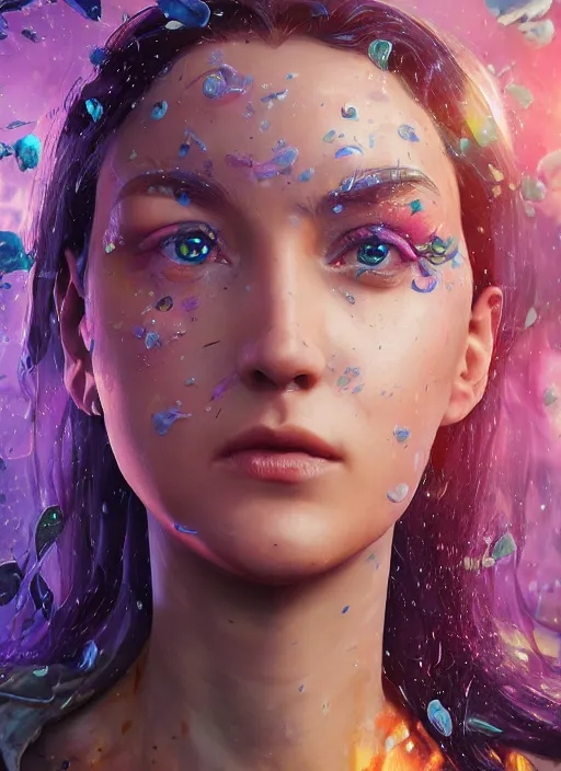 Image similar to An epic fantastic realism comic book style portrait painting of the most beautiful woman in the universe, flowers rain everywhere, fisheye lens, Apex Legends Concept Art, porcelain, unreal 5, DAZ, hyperrealistic, octane render, cosplay, RPG portrait, dynamic lighting