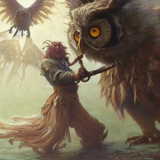 Image similar to Magic The Gathering art action shot of goblin scientist fighting an owl bear, drawn by Donato Giancola and Tom Bagshaw, Edmund Leighton, Alphonse Mucha, 4k, volumetric lighting, komorebi, intense battle scene award winning, octane render, hyperrealistic