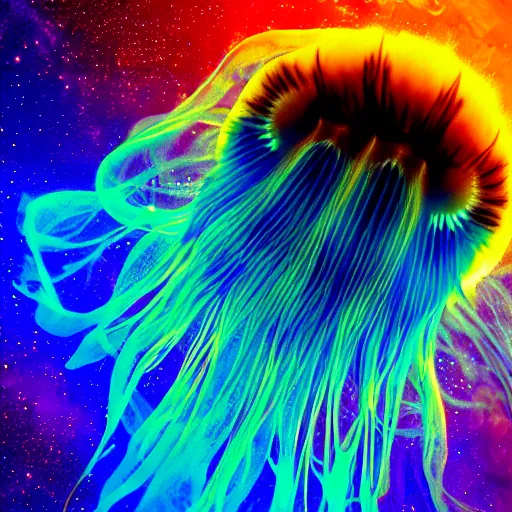 Image similar to swarm of psychedelic lions mane jellyfish swimming through space, colorful, nebula, concept art, universe, cinematic, 8 k