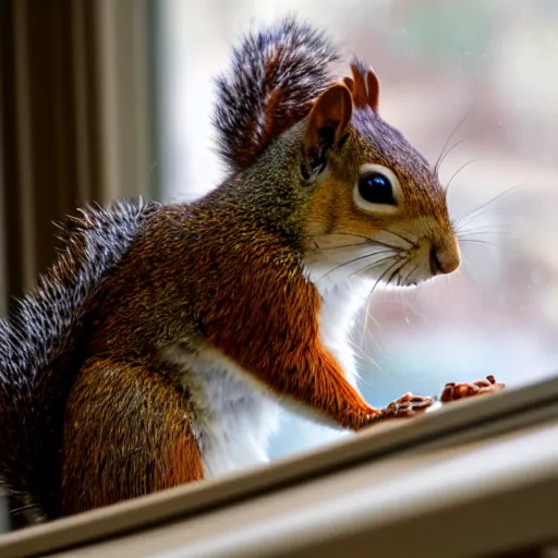 Prompt: Fifteen squirrels looking in from a window on a dining room table. Beautiful natural lighting. Photograph.