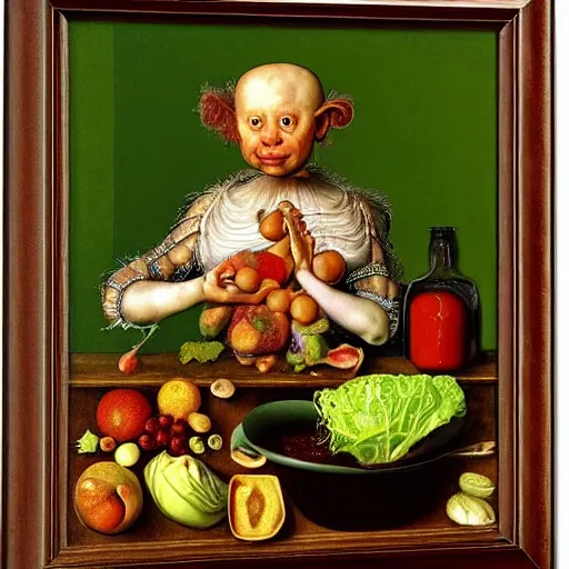 Image similar to a boy sitting in a tub full of ketchup, a lot of cabbage, dinner is served, by giuseppe arcimboldo and ambrosius benson, renaissance, fruit, intricate and intense oil paint, realistic