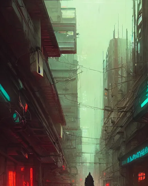 Prompt: professional ominous concept art of a dreary cyberpunk downtown street by artgerm and greg rutkowski. an intricate, elegant, highly detailed digital painting, concept art, smooth, sharp focus, illustration, in the style of simon stalenhag, wayne barlowe, and igor kieryluk.