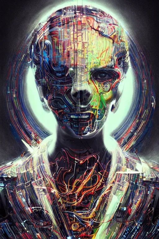 Prompt: portrait of computer & circuits, melting, technocrat vigilante, 8 k, by tristan eaton, stanley artgermm, tom bagshaw, greg rutkowski, carne griffiths, ayami kojima, beksinski, giger, trending on deviantart, face enhance, hyper detailed, minimalist, cybernetic, android, blade runner, full of colour, super detailed