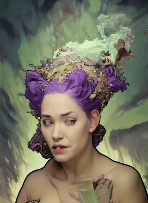 Image similar to mad madam mim, ugly, warts, purple smoke aura in motion, floating pieces, painted art by tsuyoshi nagano, greg rutkowski, artgerm, alphonse mucha, spike painting