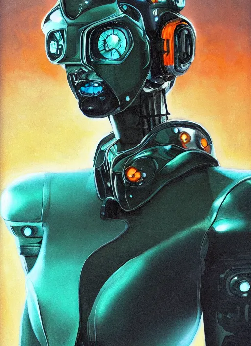 Prompt: ( ( symmetry ) ) closeup portrait of a chrome mech cyborg android stunning girl, fashion racer jumpsuit with shoulder pads, cinematic light, teal orange, viscous volumetric smoke, mist, by gerald brom, by mikhail vrubel, by peter elson, muted colors, extreme detail, trending on artstation, 8 k