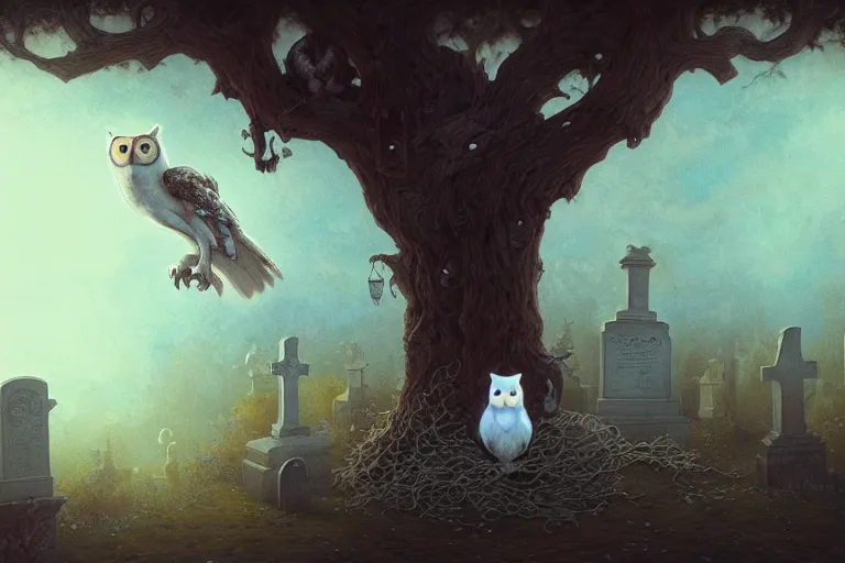 Image similar to casper the friendly ghost flying over a graveyard at midnight, chasing one cat, one interesting owl in a tree, cinestill, painted by james jean and gaston bussiere, very detailed and cute and cozy and transparent, backlight, fog, mist, trending on artstation