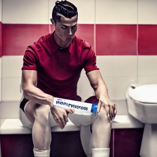 Image similar to cristiano ronaldo eating doritos in the toilet, cinematic composition, 4 k, movie still