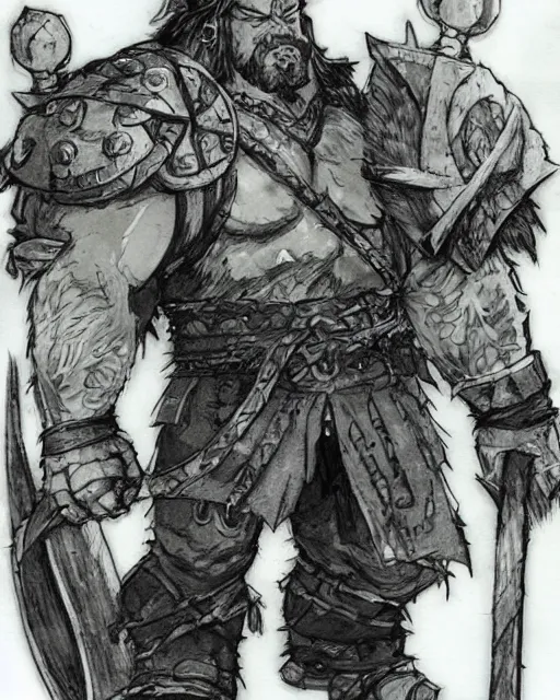 Image similar to Dwarf Barbarian, drawn by Yoji Shinkawa, water color, Dungeons and Dragons, Wizards of the Coast