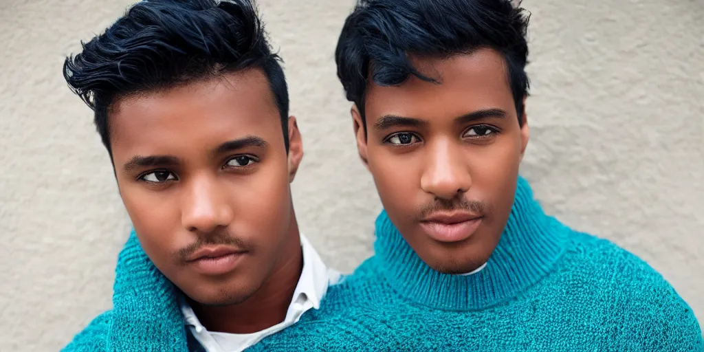 Prompt: Male, Male, Male, Male, Male, short hair, blue hair, dark skin, teal sweater, wavy hair, photograph, hd,