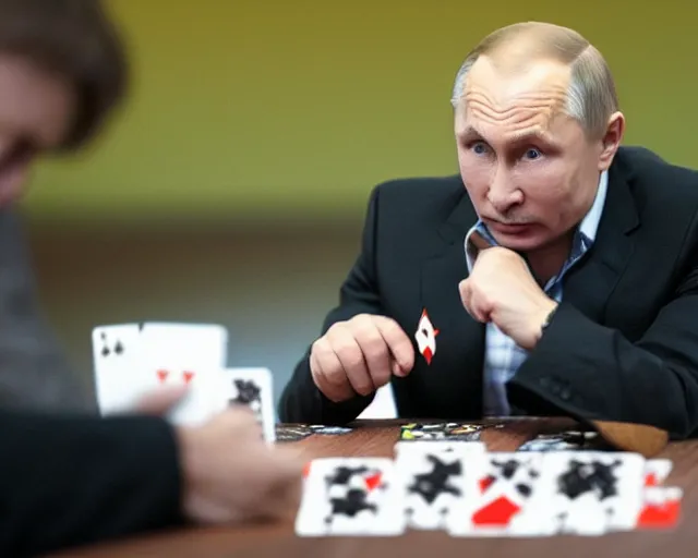 Image similar to Press release photo of Vladimir Putin playing Magic the Gathering on a large tournament, he's thinking what card he should play, high quality, 8k,