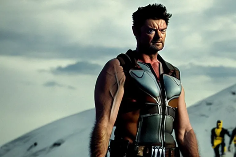 Image similar to film still frame of karl urban as wolverine, adamantium, high quality