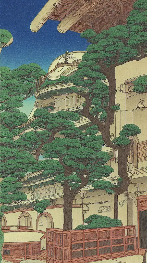 Image similar to a beautiful ancient bathhouse with a bathing alien creature in the summer by hasui kawase