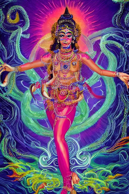 Prompt: overdetailed maximalist fullbody portrait of a beautiful female energy being reminds to kali, having four arms and dancing while transcending to her true form while floating over a surreal landscape. Made by oozium, inspired by silvio vieira, overpainted by loish. 8k 3d realistic render. Bright, sacred, spiritual, dawn, backlit, calm, relaxed, dynamic, ethereal, arcane, intricate, mysterious, dramatic, cinematic. Seen from below. Overpaint in Indian tapestry style