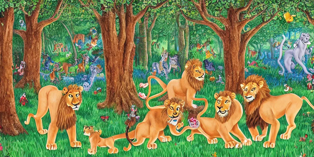 Image similar to lions in front of birthday table in fairytale forest , huge scale, high detail, intricate by Axel Scheffler