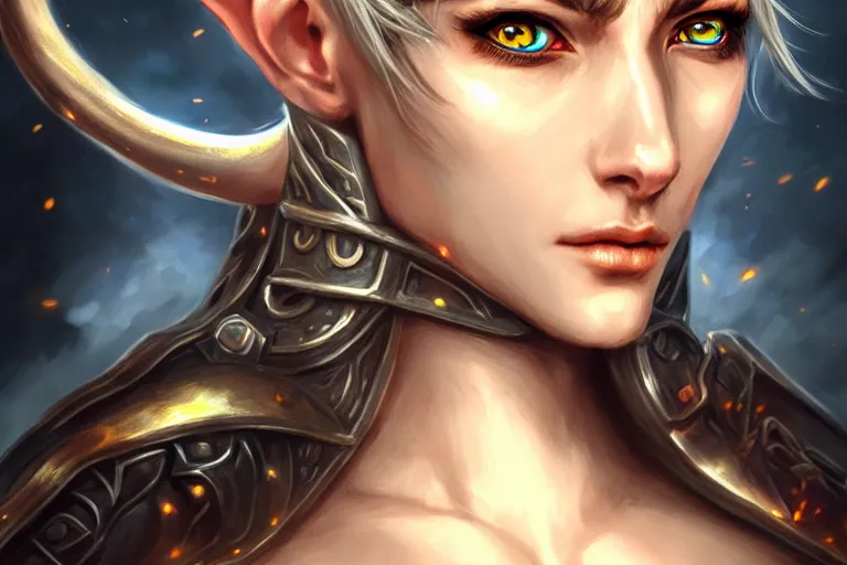Image similar to head and shoulders portrait of an eldritch knight, elf, beautiful, female, breastplate, magical, high fantasy, d & d, by artgerm, face details, extremely detailed, digital illustration