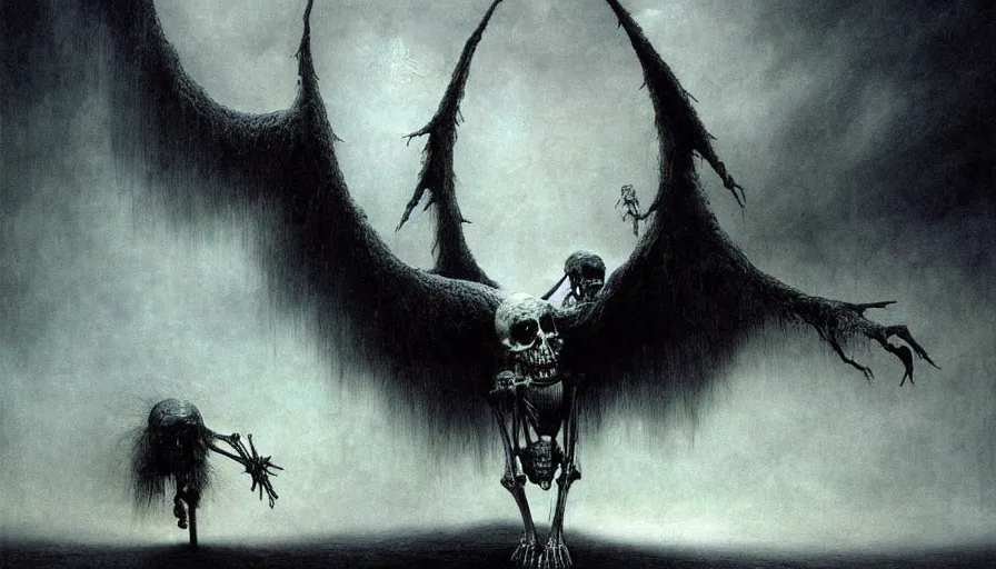 Image similar to the skeletal angel of death descends from the heavens, artwork by zdzislaw beksinski