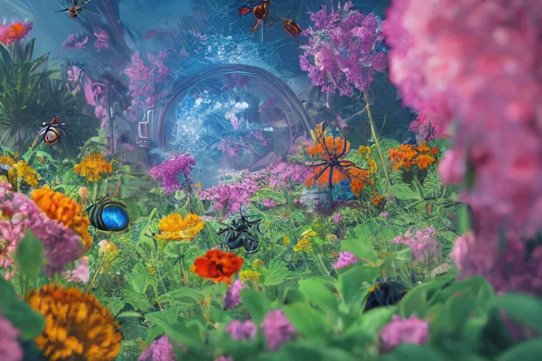 Image similar to super detailed color art, a lot of small garden flowers, A multiverse of insects and spiders, unreal engine, wes anderson color palette, 3d render, colorful, digital art