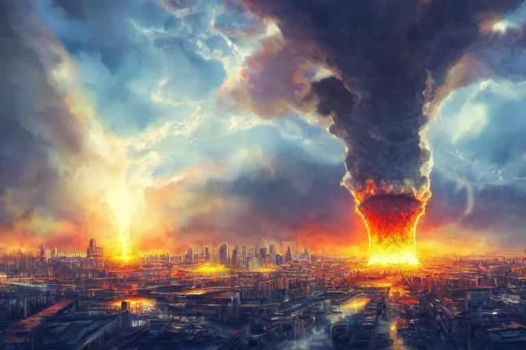 Prompt: a nuclear explosion in a city, artstation, concept art, 4k, beautiful