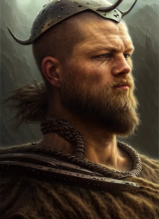 Prompt: closeup portrait shot of a viking warrior in a scenic dystopian environment, intricate, elegant, highly detailed, centered, digital painting, artstation, concept art, smooth, sharp focus, illustration, artgerm, tomasz alen kopera, peter mohrbacher, donato giancola, joseph christian leyendecker, wlop, boris vallejo