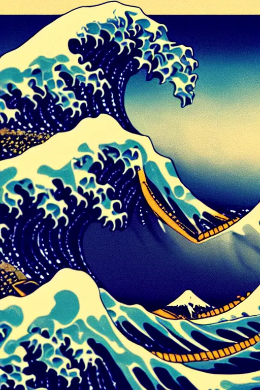 Image similar to The Great Wave off Kanagawa, Vaporwave aesthetic, synthwave aesthetic, highly detailed, digital painting, artstation, concept art, smooth, sharp focus, illustration