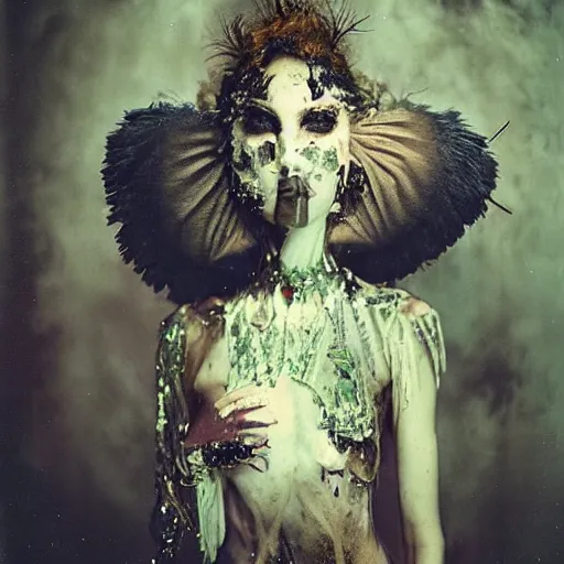 Image similar to damaged kodak portra 4 0 0, wetplate, photo of a surreal artsy dream scene,, very beautiful model, weird fashion, grotesque, extravagant dress, strange pose, carneval, with an animal, wtf, photographed by paolo roversi style