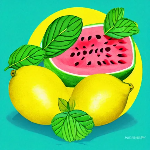 Image similar to retro, hd illustration of watermelons and lemons, mint leaves, inspired by watercolor masterpieces, matisse, malevich, david hockney, colorful, happy, trending on artstation, 4 k