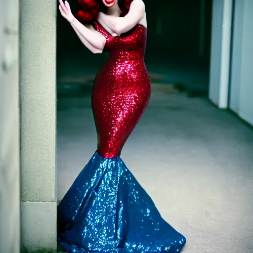 Prompt: film photography of captain christina hendricks as jessica rabbit, head and shoulders photography. red sequin ballgown dress. kodak ektar 4 0 0. canon f 1. 2.