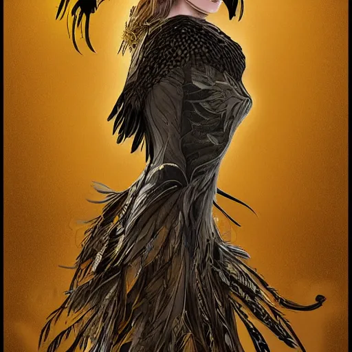 Image similar to , a woman with a golden crown shaped like the wings of a crow, she wears clothes made of feathers through which smoke and fog goes, intricate, elegant, highly detailed, digital painting, artstation, concept art, smooth, sharp focus, illustration, art by Terry Moore