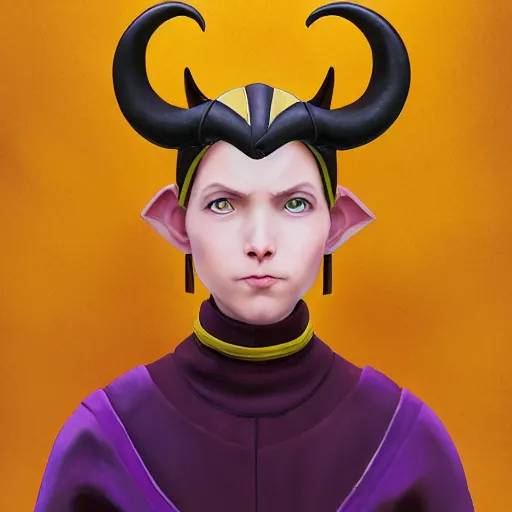 Prompt: A professional digital portrait painting of a young adult female tiefling, painted by Wes Anderson, painted by Hayao Miyazaki, dressed in light armor, 4k, digital art, trending on cgsociety, highly detailed, head and shoulders shot, shallow depth of field, purple and yellow lighting, professional lighting, airbrush,