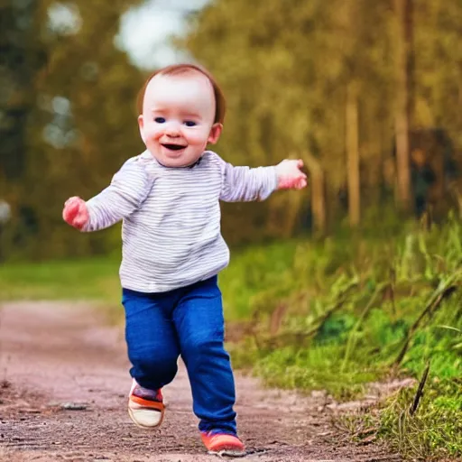 Prompt: baby running at full speed, photograph, outdoors