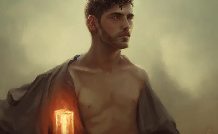 Image similar to a painting of the all father trending on artstation in the style of greg rutkowski, beautiful, young male, sensual, wise, natural skin, leader, 1 9 0 0 s, industrialization, toga, night sky