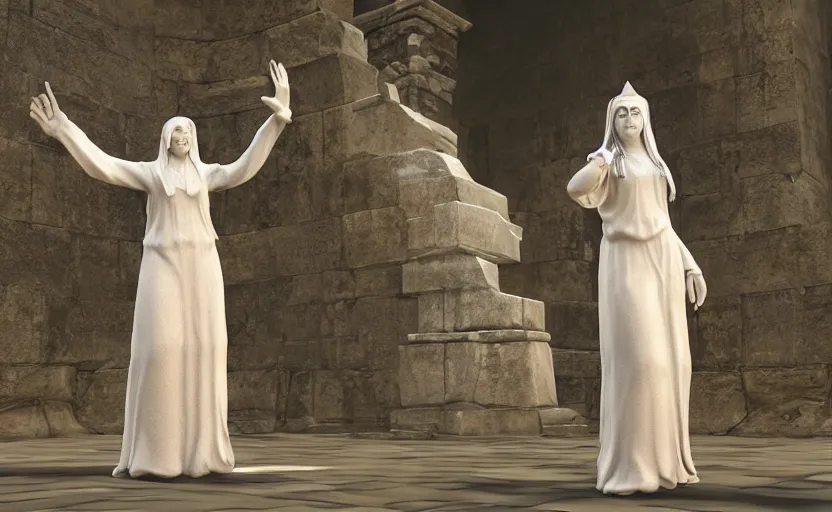 Prompt: A white priestess is conjuring a spell inside the ancient and mythical temple. Bronze statue, unreal engine