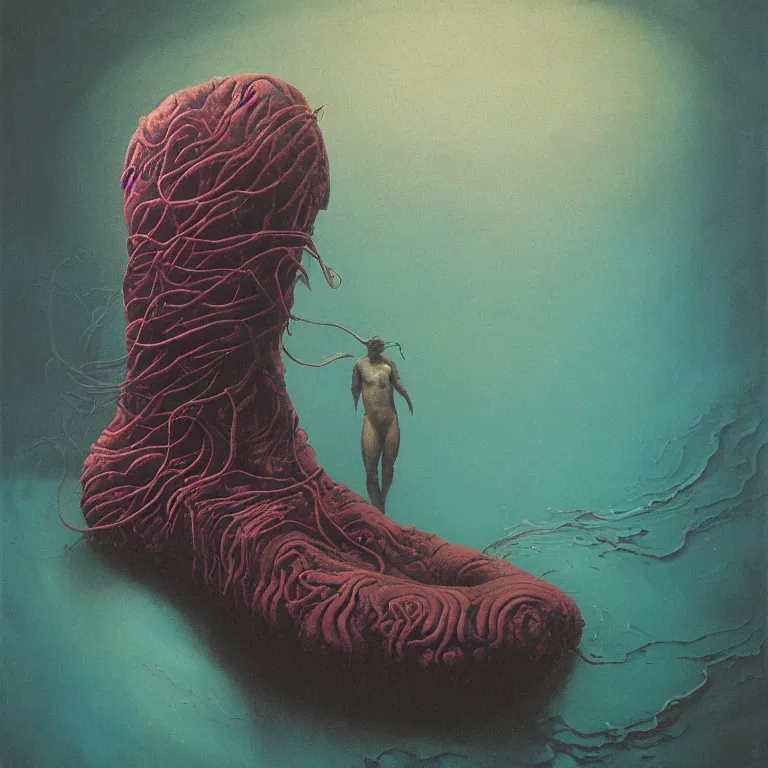 Image similar to Hyperrealistic intensely colored studio Photograph portrait of a deep sea bioluminescent Leather Boot deep underwater in darkness long exposure, award-winning nature deep sea expressionistic impasto heavy brushstrokes oil painting by Audubon and Zdzisław Beksiński vivid colors hyperrealism 8k