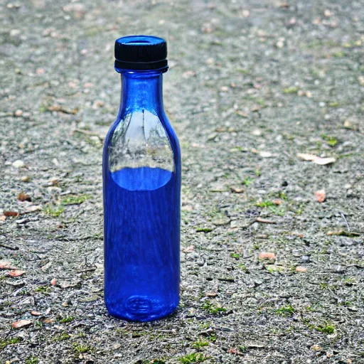 Prompt: symmetrical photo of small bottle standing, park background