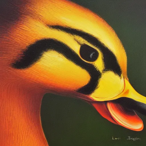 Prompt: a duck on the prowl oil painting luigi serafini