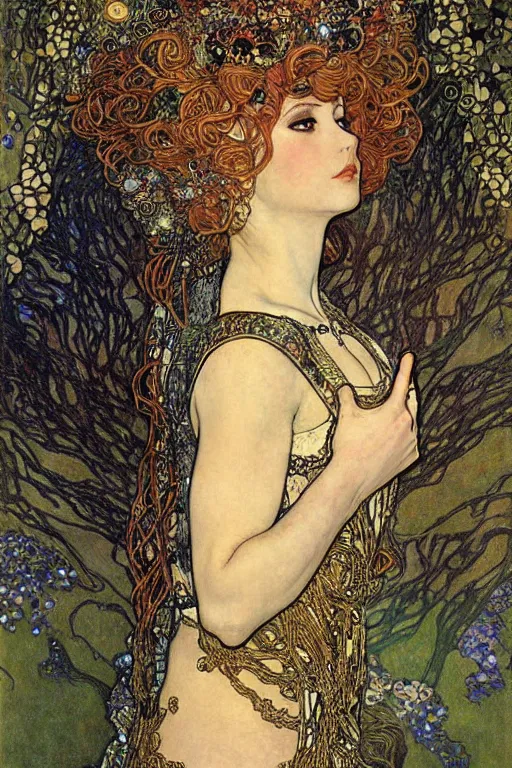 Image similar to Elven Queen by (Gustav Klimt), ((Alphonse Mucha)), Ayami Kojima, and ((Arthur Rackham))