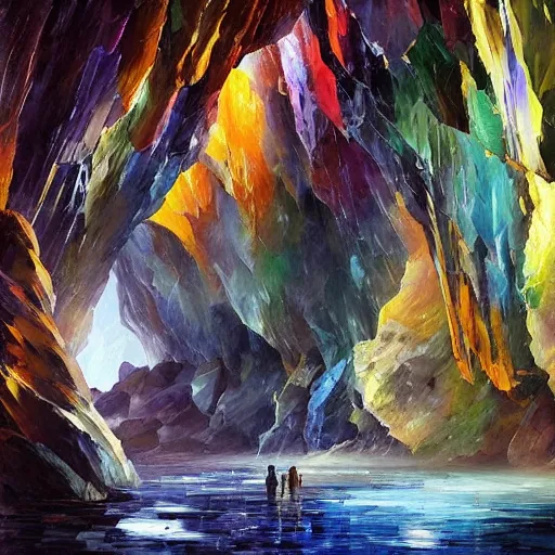 Image similar to A huge cave full of rainbow color crystals and gems on the ground, and stuck to the walls made of huge grey boulders, very dark, midnight, oil painting by Afremov and Greg Rutkowski.