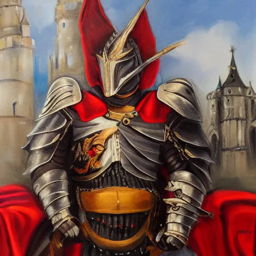 Prompt: oil painting of trump in midevil armor in castle on throne