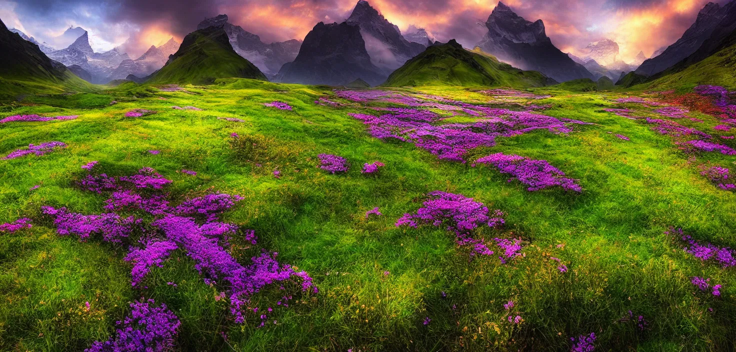 Image similar to amazing landscape photo of switzerland green spring with flowers by marc adamus, beautiful dramatic lighting