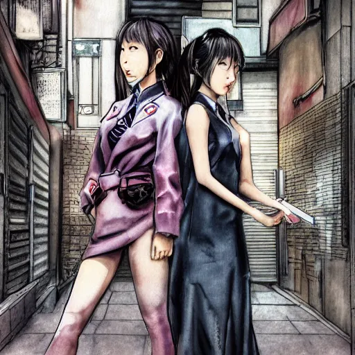 Prompt: a perfect, realistic professional digital sketch of a Japanese schoolgirls posing in a cyberpunk alleyway, style of Marvel, full length, by pen and watercolor, by a professional American senior artist on ArtStation, a high-quality hollywood-style sketch, on high-quality paper